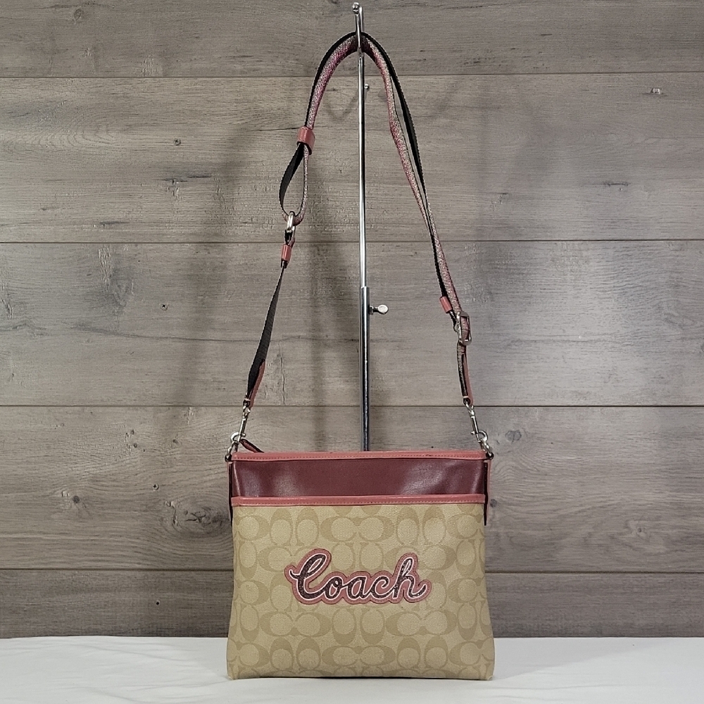 Coach Tan Signature Leather Crossbody with Burgundy Trim